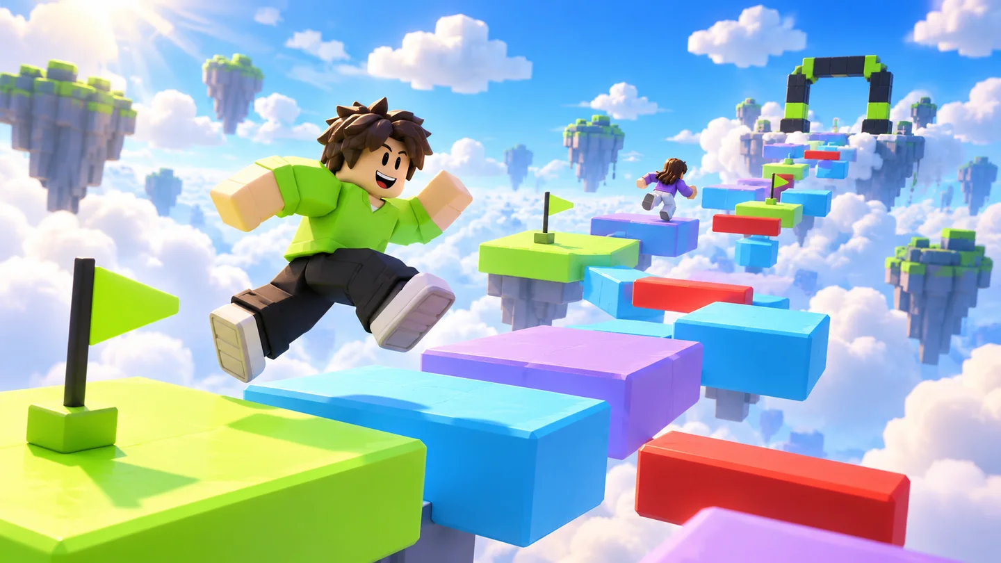 Original concept art of a blocky character jumping across Skyline Sprint cloud platforms