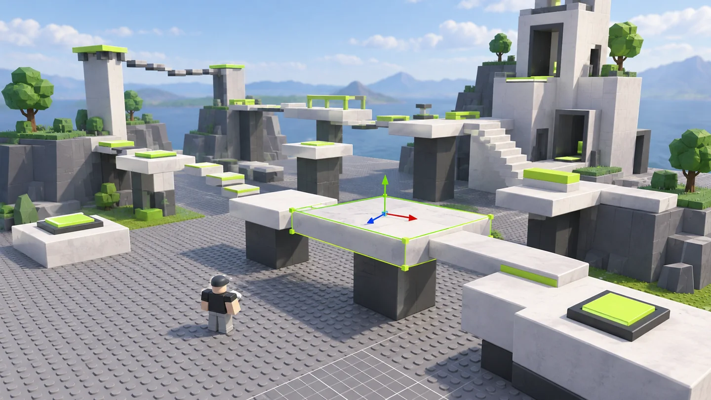 Original blocky game world being built, with platforms and move controls